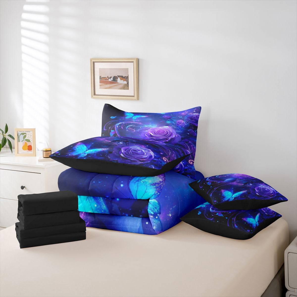 Erosebridal Butterfly 7 Piece Bedding Set Queen Rose Comforter Set with Sheets Flying Butterflies Dreamy Roses Bed in a Bag Magic Purple Flowers Petal for Kids Boys Girls