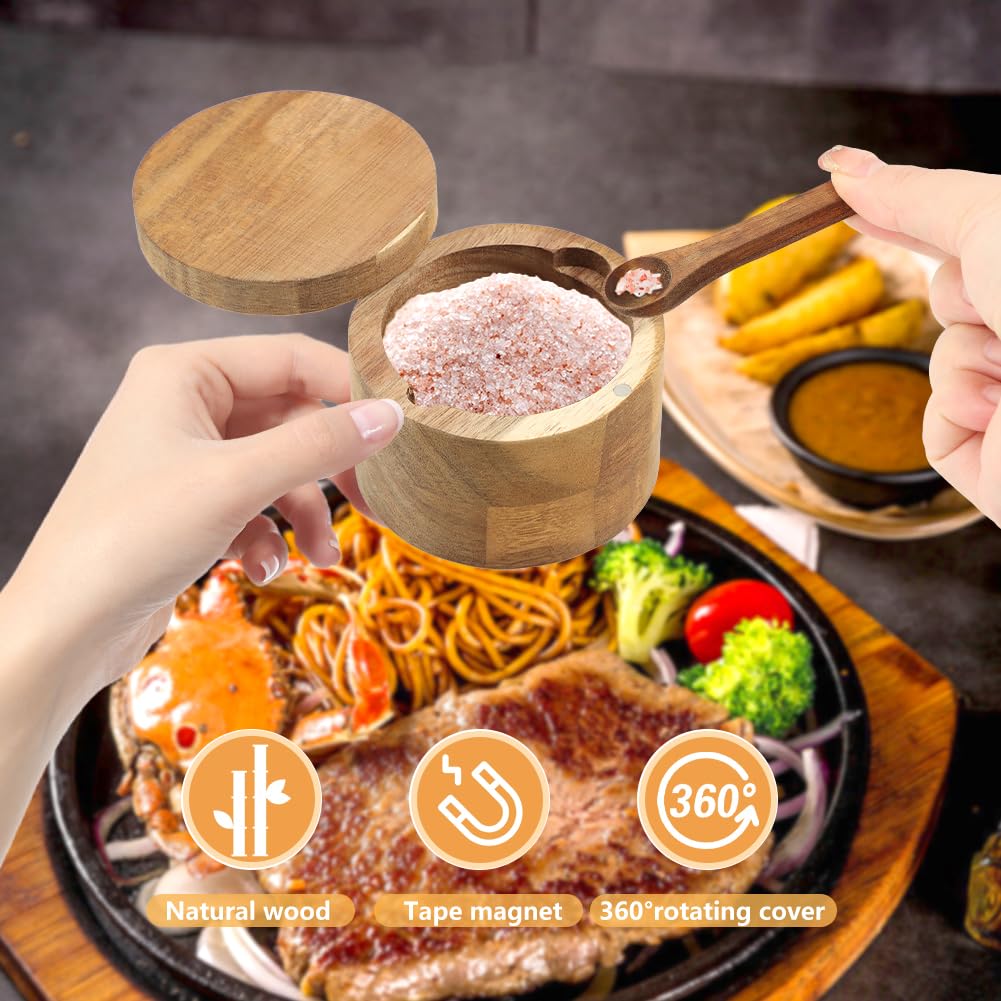 Velarionna Salt Cellar with Spoon – Wooden Acacia Bowl, Magnetic Lid for Pepper & Spices