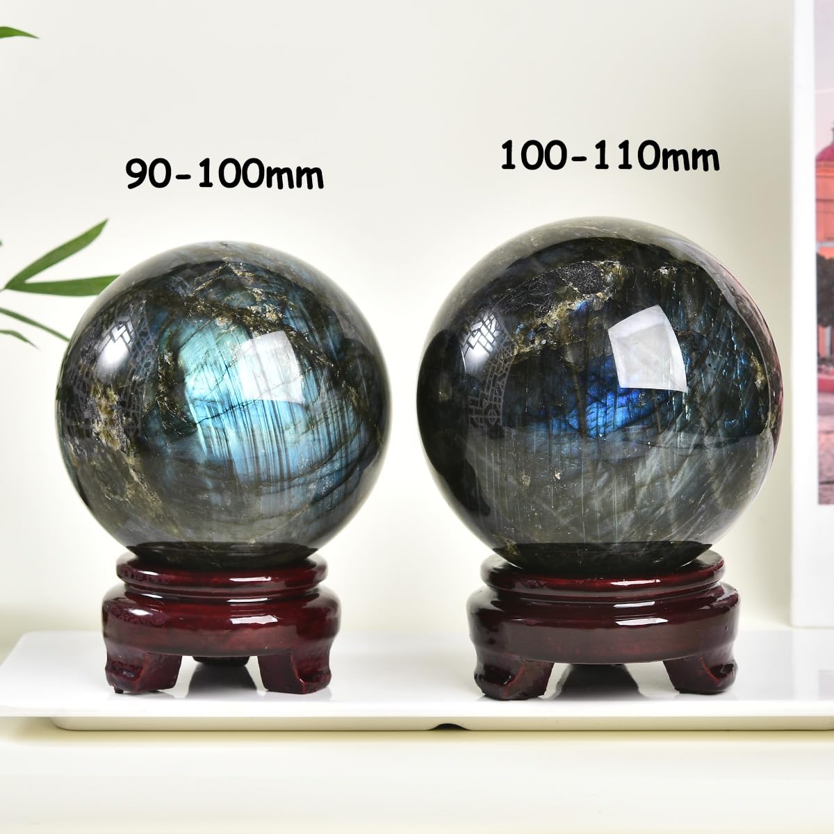 MOGEMT Labradorite Crystal Ball with Stand Large Crystals Sphere Decorative Ball Meditation Witchcraft Home Decor 90-100mm/3.5-3.9"