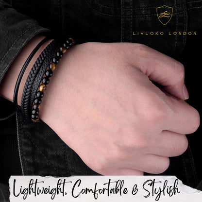 LIVLOKO LONDON Mens Bracelet Leather Black Multi-Layer Tiger Eye Stone Beads Magnetic Adjutable Steel Clasp Viking Rope Bands Surfer Man Wristband Male UK Jewellery Gift box Husband Boyfriend Dad Son