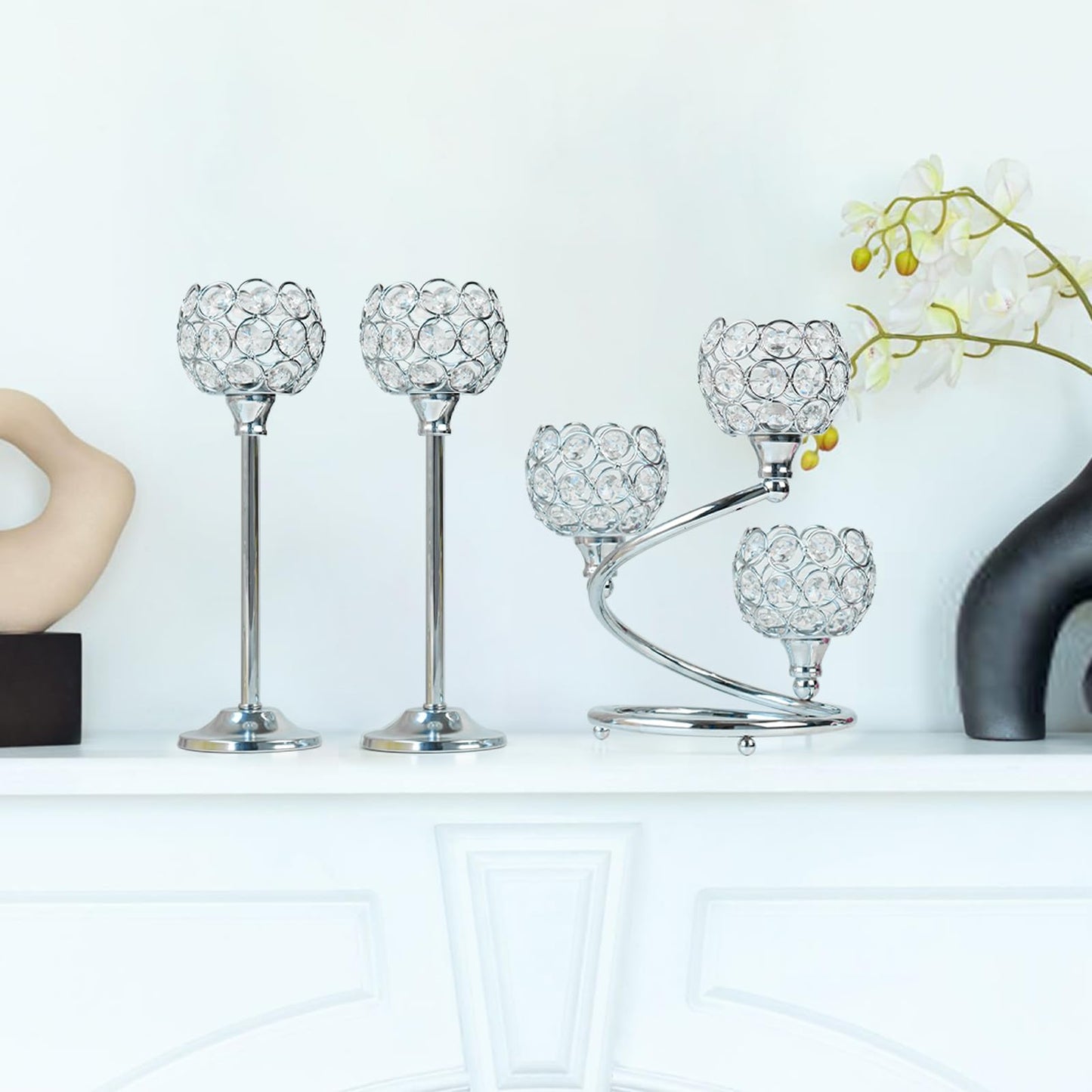 KEHAIL Silver Metal Crystal Candle Holder Set of 3 - Elegant 5-Arm Metal Tea Light Centerpiece with Shining Crystal Bowl, Wedding Anniversary Table Decor for Dining, Party