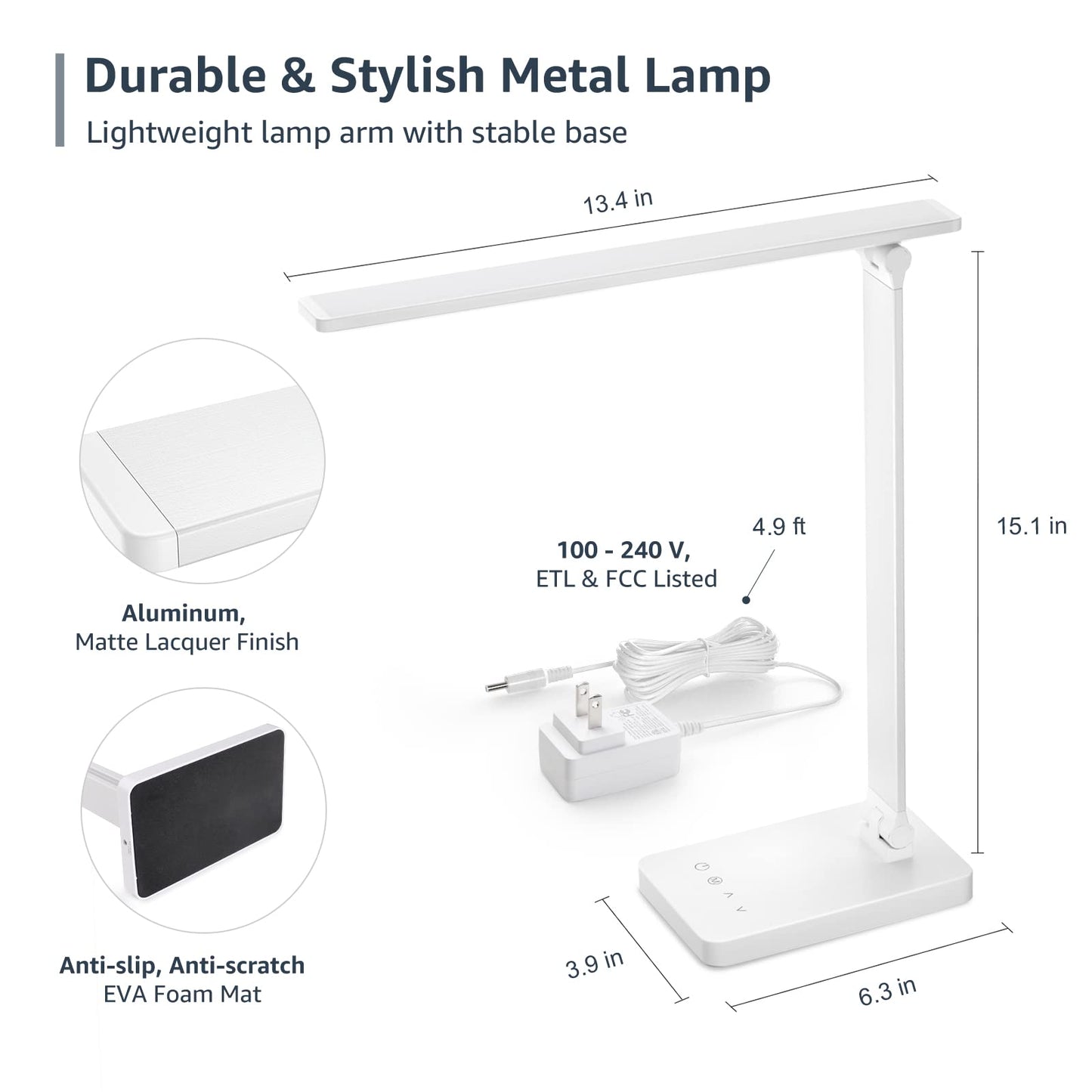 Lepro LED Desk Lamp with USB Charging Port, 700LM Dimmable Home Office Touch Control Reading Table Lamp,5 Color Modes with 5 Brightness Level, Dorm Room Essentials, Task Lamp, Sewing, Crafting, White
