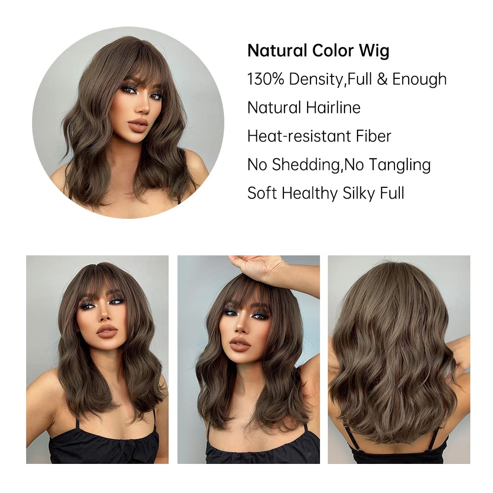 EMMOR Long Wavy Brown Wig for Women, Synthetic Wigs Made of Natural Wavy Hair with Fringe, Parties, Cosplay, Daily Use, incl. 2 Wig Caps