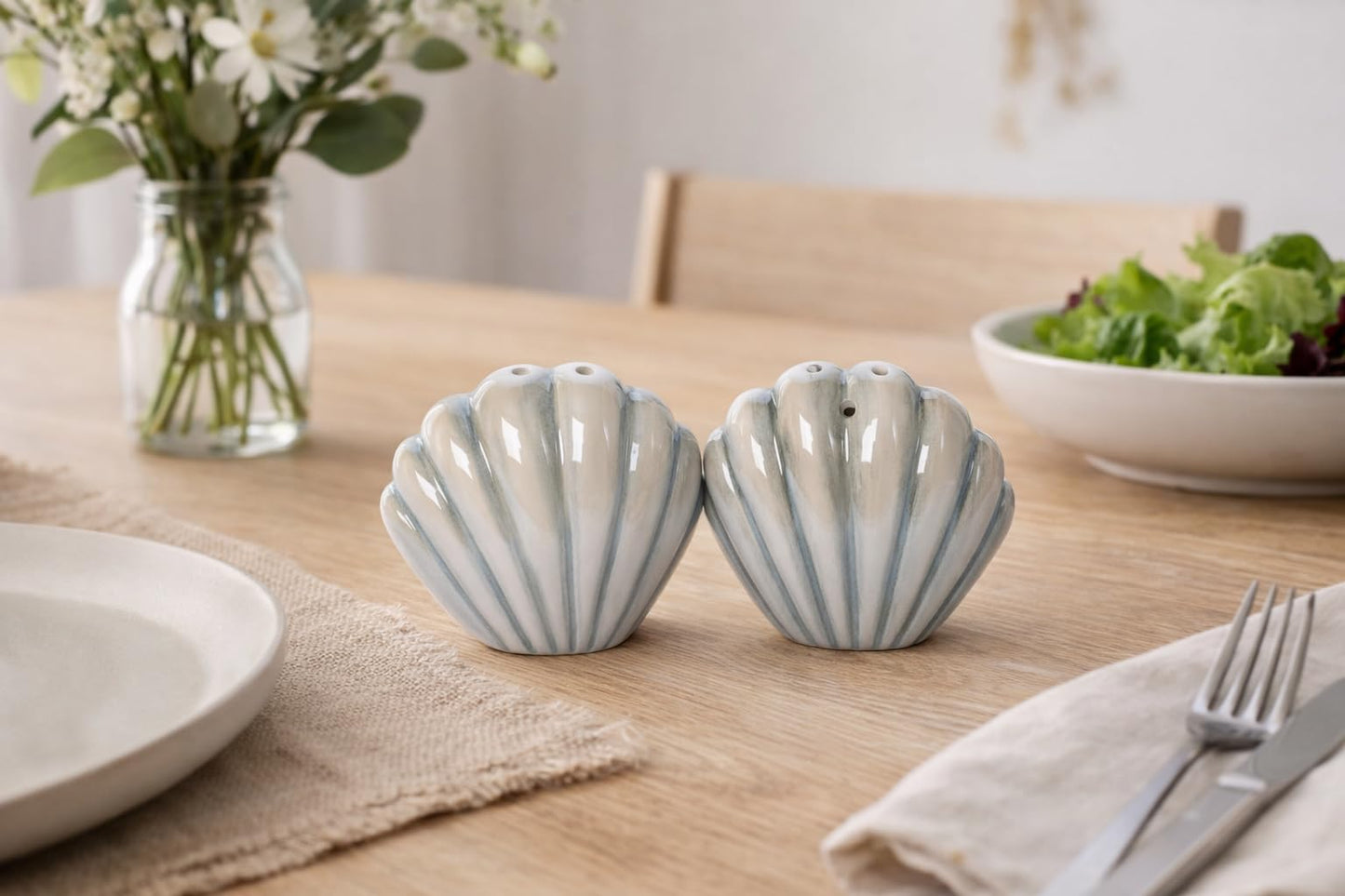 The Bridge Collection Ceramic Seashell Salt And Pepper Shakers – Coastal Shell Shaker Set With Soft Blue And Neutral Glaze – Beach Kitchen Decor And Nautical Dining Table Accent