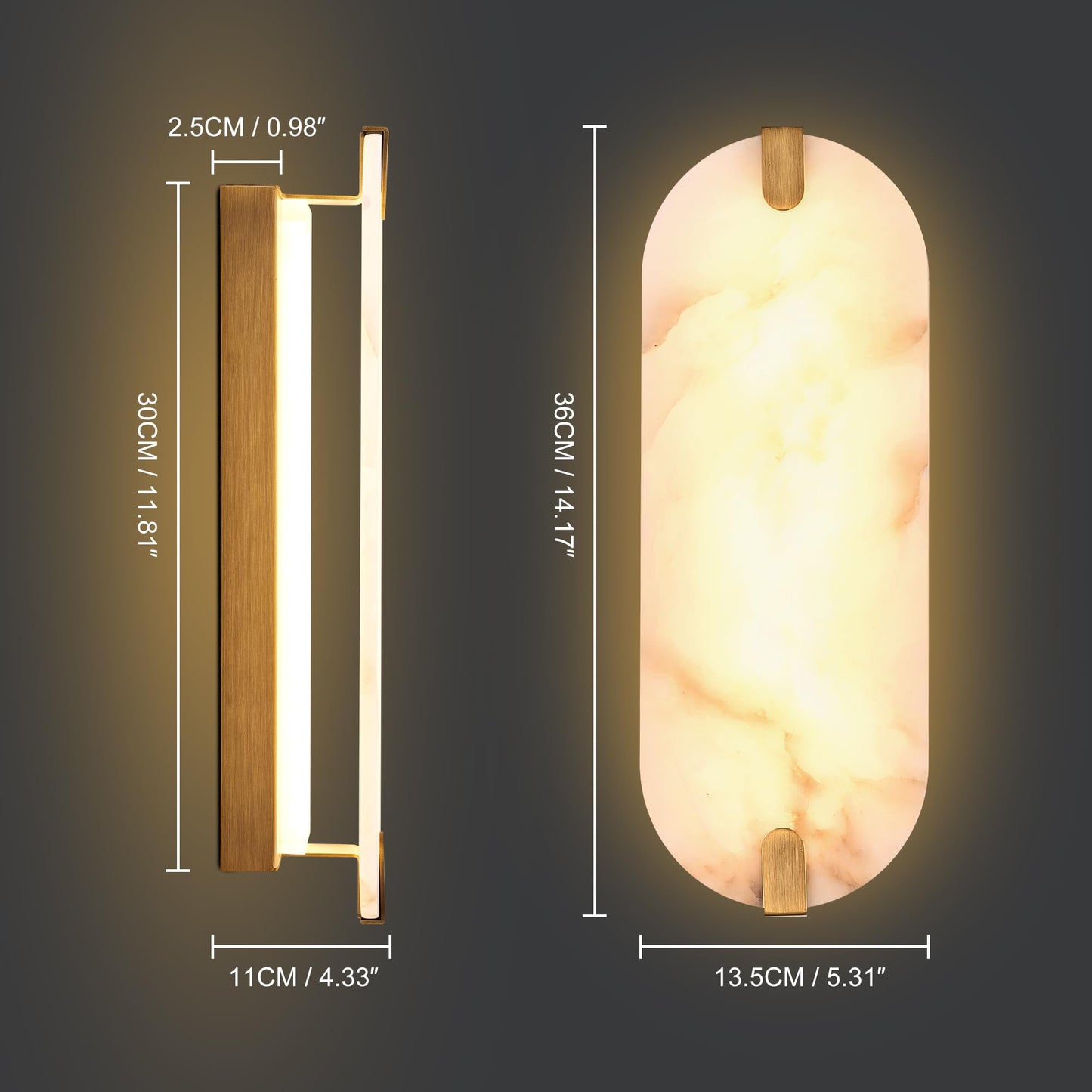 DLUCE 14.17in Alabaster Wall Sconces, Natural Marble Wall Light Set of Two, Modern LED Alabaster Sconces for Living Room Indoor Wall Lamps for Dining Room Stairs Bedroom,Brushed Gold