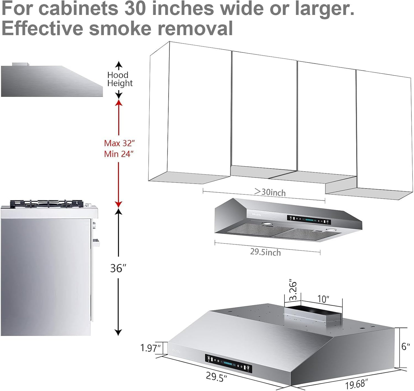 HisoHu 30 Inch Under Ducted Cabinet Range Hood with 1200 CFM, 4 Speed Gesture Sensing Kitchen Exhaust Hood & Touch Control Panel, Stainless Steel Stove Vent Hood with 2 LED Lights