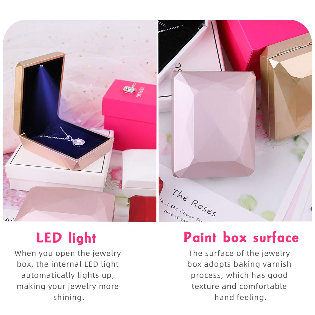 iSuperb LED Pendant Necklace Box Bracelet Box Couple Jewelry Gift Boxes Case Small Jewelry Display for Proposal Engagement Wedding (Pink)
