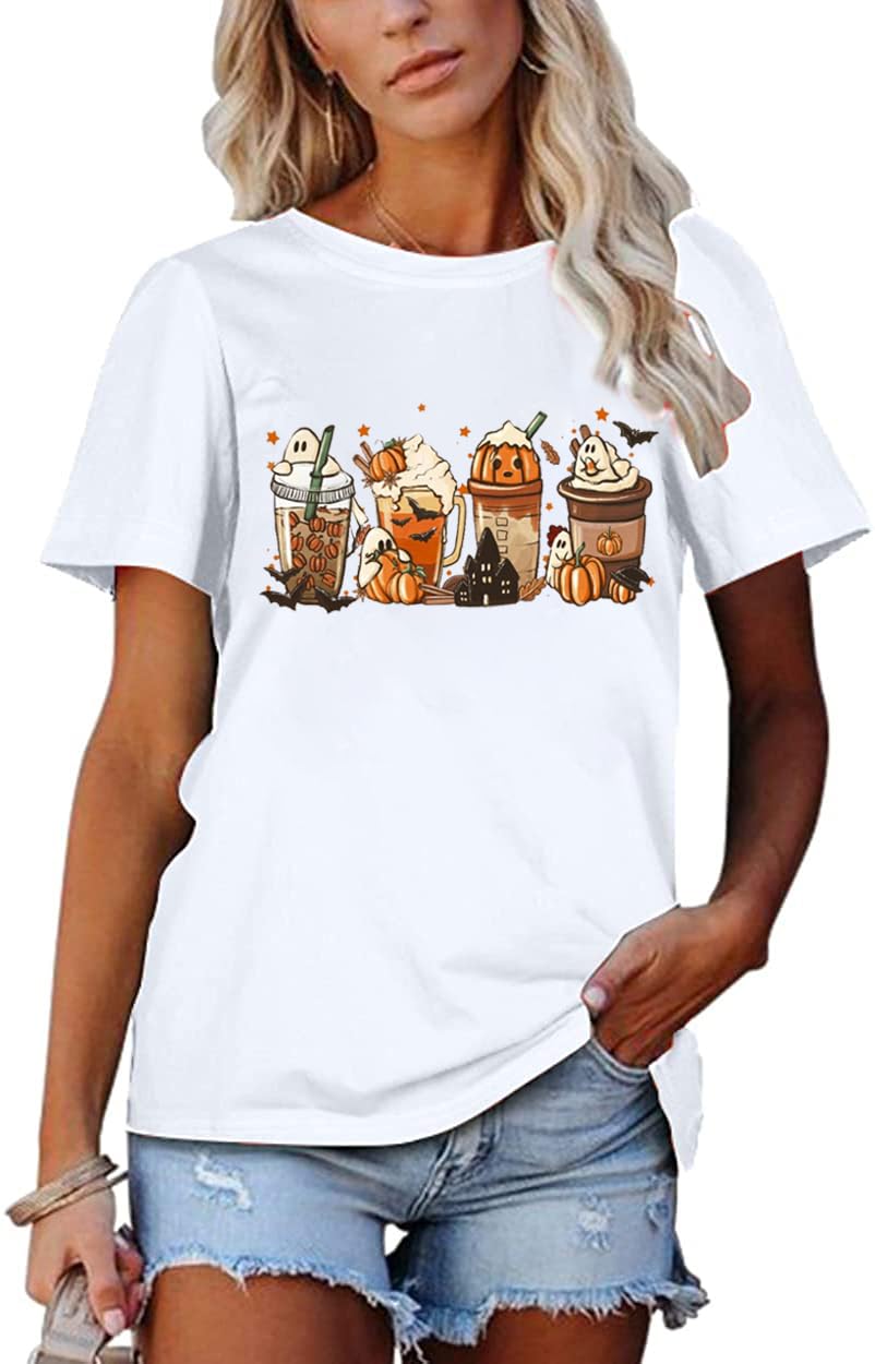Pumpkin Latte Shirt Women Funny Graphic Fall Coffee Tee Coffee Lover Shirts Gifts Halloween Pumpkin Spice Tops (S, White)