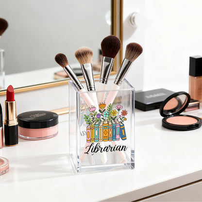 Gkodw Librarian Acrylic Pen Holder Cosmetic Organizer, Funny Pencil Pen Holder for Desk, Reading Nook Accessories for Library Lover Teacher, Librarian Day Appreciation Birthday Back To School Gifts