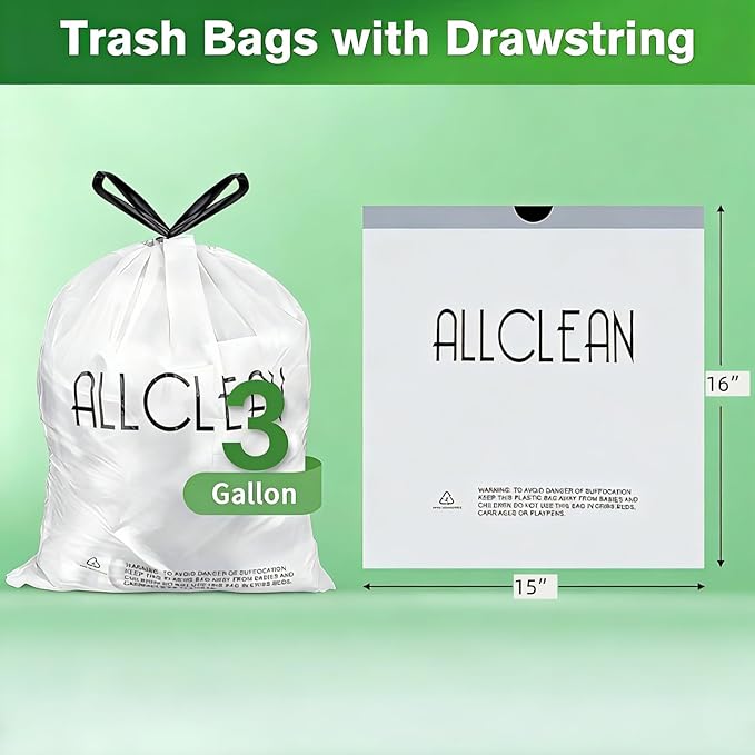Trash Bags 3 Gallon Small Kitchen Drawstring Bathroom Garbage Bags, Fit 3 Gal