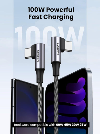 UGREEN 100W USB C to USB C Cable, 90 Degree Type C Cable for iPhone 17/17 Plus/17 Pro/17 Pro Max/16, MacBook Pro 2022, iPad Pro 2022, Samsung Galaxy S25/S24/Z Fold, Google Pixel, Switch,10FT