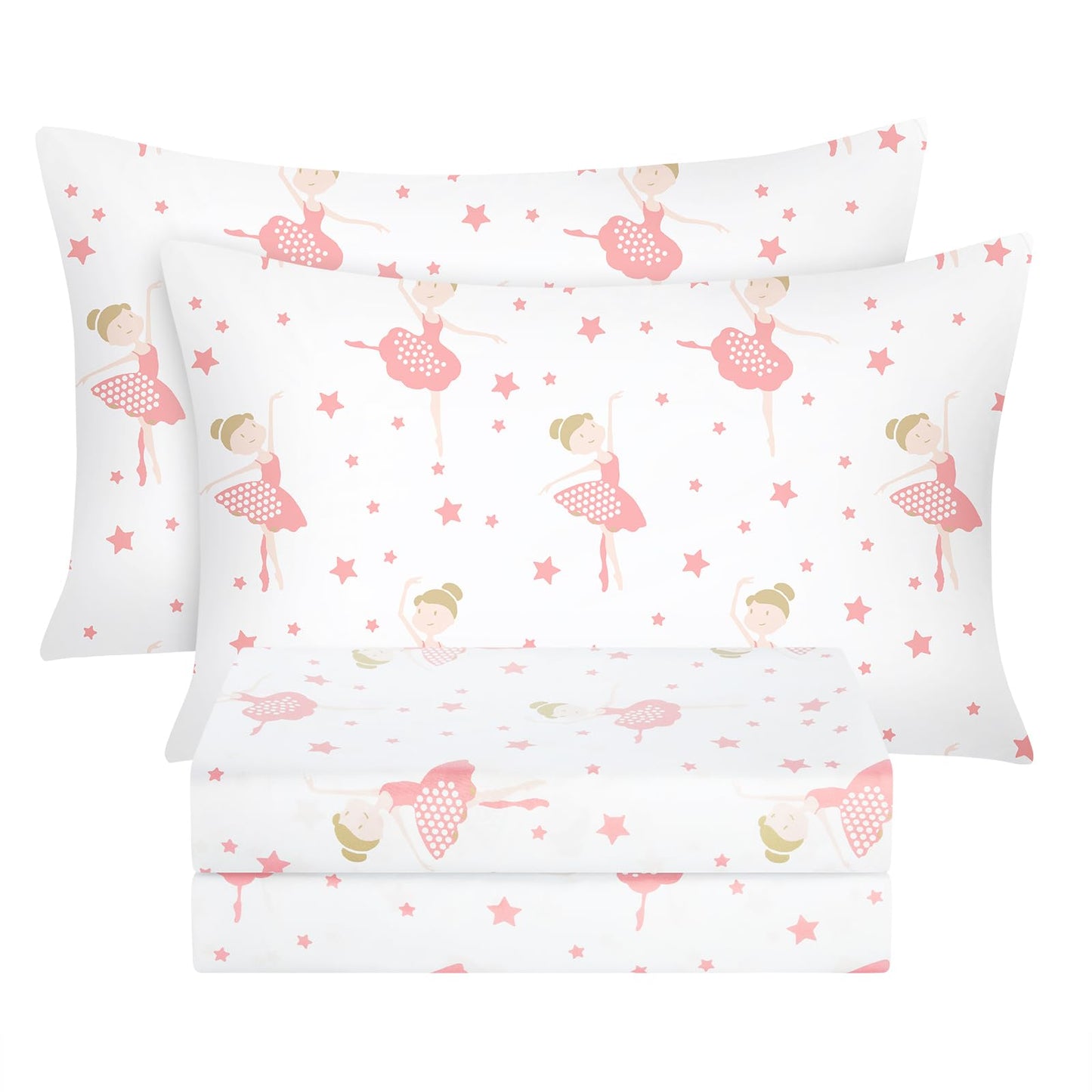 BYSURE Full Sheets Set Kids(Ballerina, Pink), 4 Pieces Easy Fit Deep Pocket Sheets Set for Girls, Breathable Wrinkle-Free Microfiber Bedding for Children