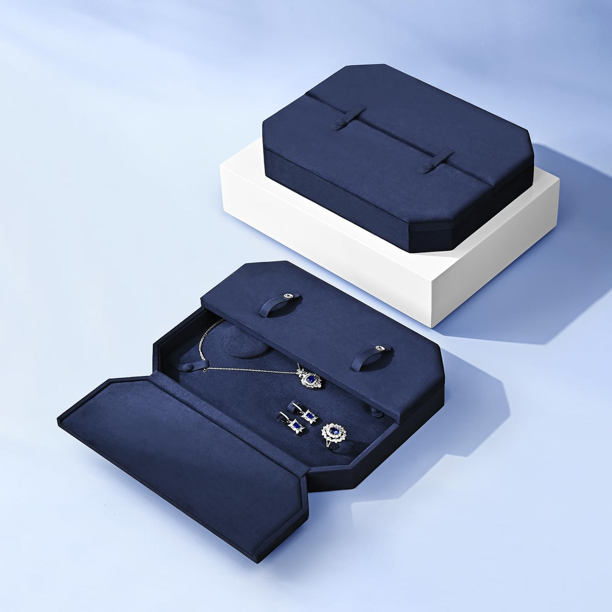 Oirlv Navy Blue Velvet Jewelry Set Storage Box, Luxury Organizer for Necklaces, Bracelets, Rings & Earrings, Elegant Gift Case