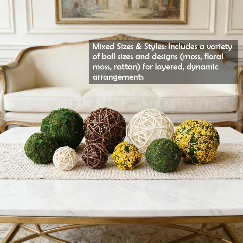 Tinsow 18Pcs Decorative Balls for Bowls, Mixed Moss Balls, Rattan Wicker Orbs & Dried Floral Sphere Bowl Fillers Decor for Home Table Centerpiece Wedding