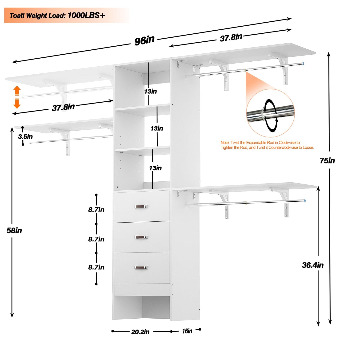 8FT Closet System, 96'' Closet Organizer System with 3 Hanging Rods, Wall Mount Bedroom Wardrobe with 3 Drawers Walk-in Closet, Adjustable Cloth Garment Rack from 5 to 8FT (Cut to Fit), White