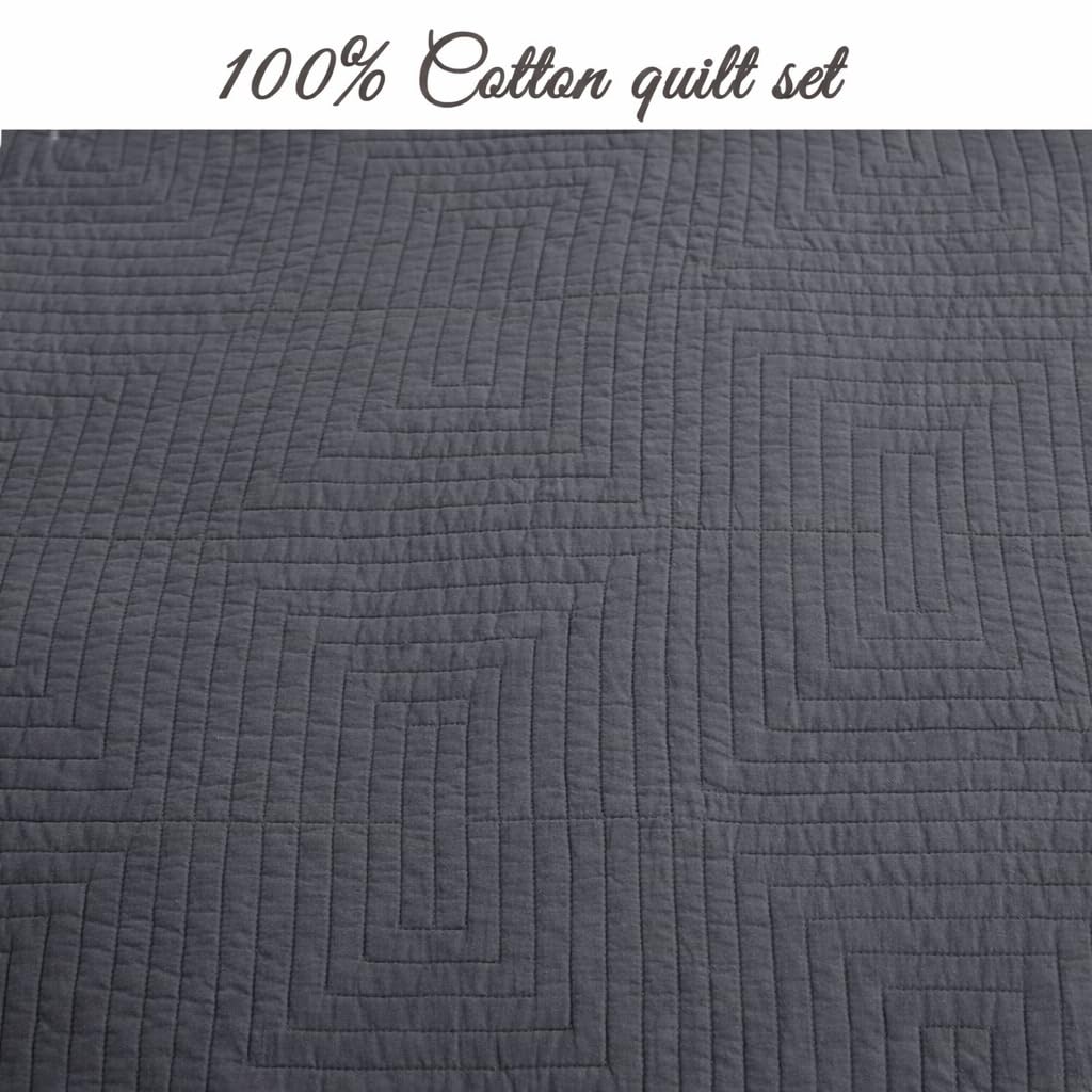 Cozy Line Home Fashions 100% Cotton Quilt Set – 3-Piece Charcoal Gray Geometric Basketweave Quilted Bedspread with Shams, Lightweight All Season Modern Bedding (Maze Gray, Queen)