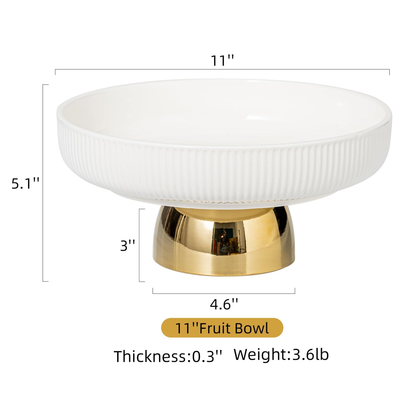 CCATSIX Ceramic Fruit Bowl,11-Inch Large Decorative Bowls,White Pedestal Tray and Gold Base, Fruit Bowl for Kitchen Counter, Bread and Fruit Trays,Salad or Dessert Display Trays for Parties. (XL)