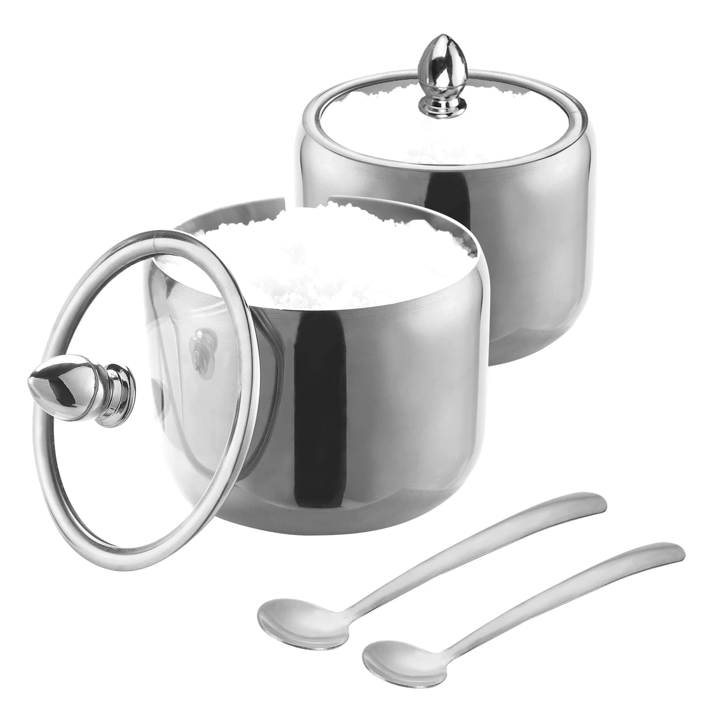 IBWell 10oz Sugar Bowl with Clear Lid and Spoon 2 Pack Silver Coffee Bar Containers for Kitchen Stainless Canister for Seasoning