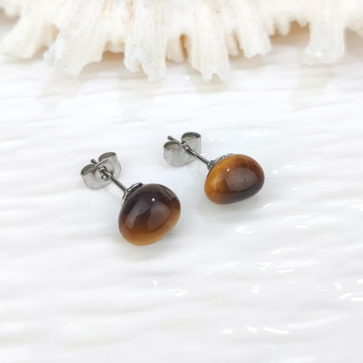 Tiger Eye Earrings, Stainless Steel Natural Gemstone Tiger Eye Stud Earrings for Men, Bohemia Tiger Eye Jewelry Brown Earrings for Women (Tiger Eye)