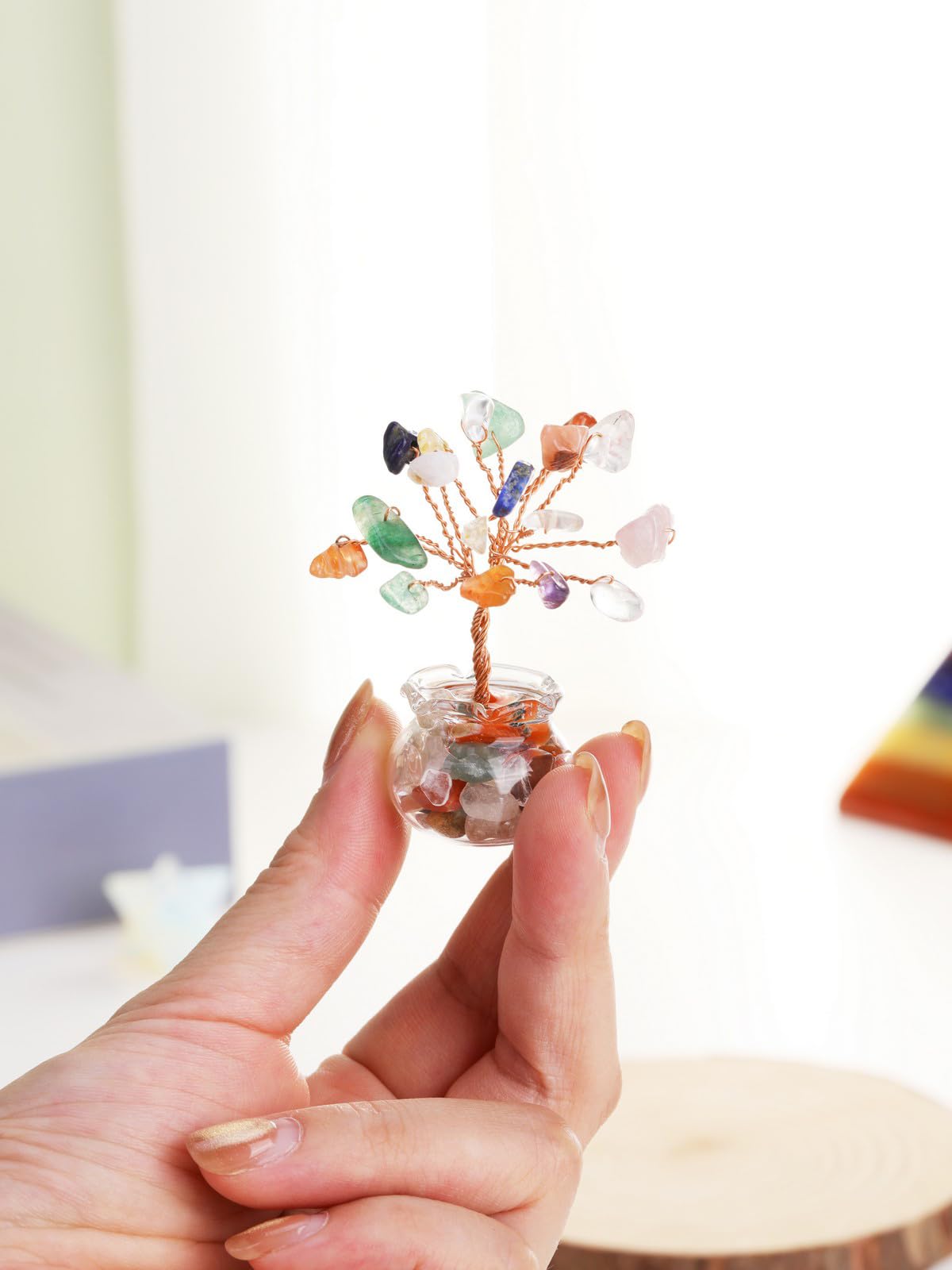 Jovivi 12pcs Chakra Crystal Tree Set Tree of Life Gemstone Money Trees with Glass Base,Natural Healing Crystals and Stones for Positive Energy Good Luck Home Office Decor for Women Mom Birthday Gifts