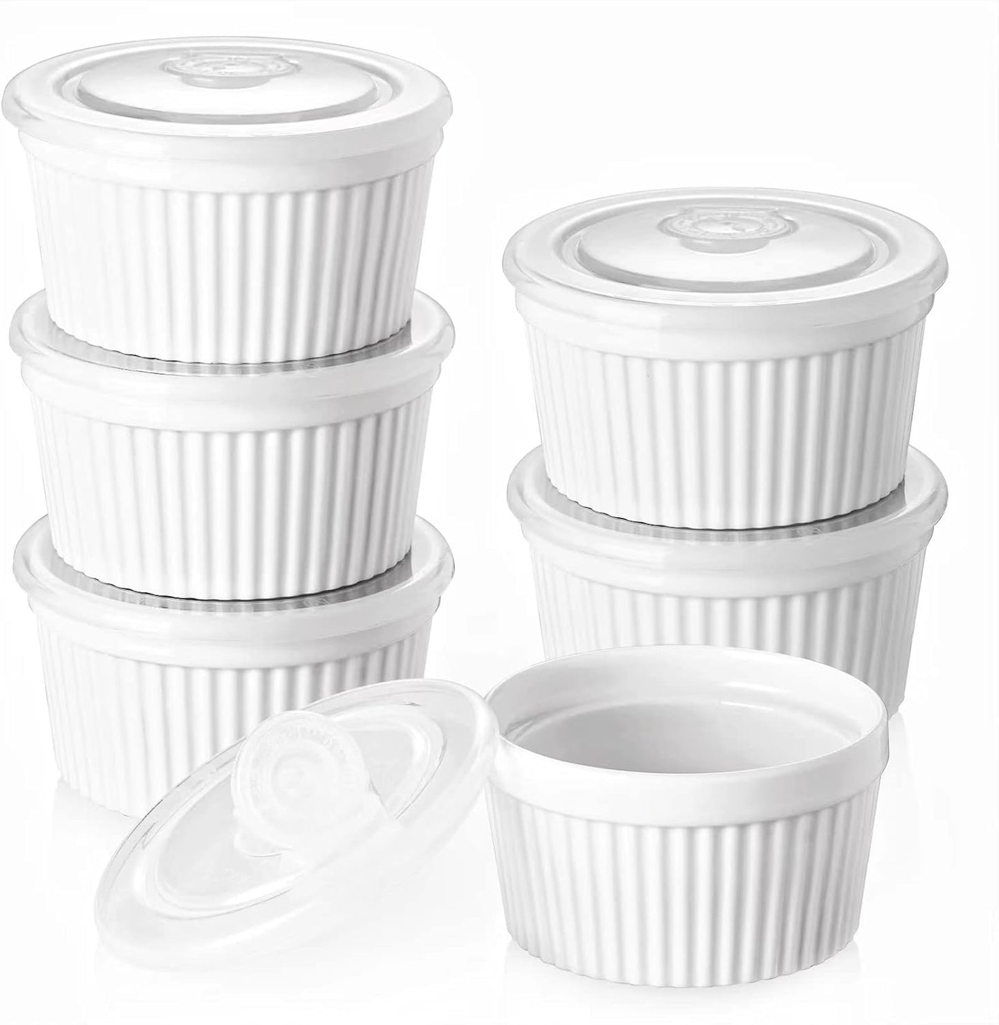 DOWAN Ramekins 8 oz Oven Safe with Lids, Creme Brulee Ramekins Bowls, Porcelain Ramiken Souffle Dishes, Custard Cups for Baking, Small Bowls for Pudding Dip Sauces Dessert, White, Set of 6