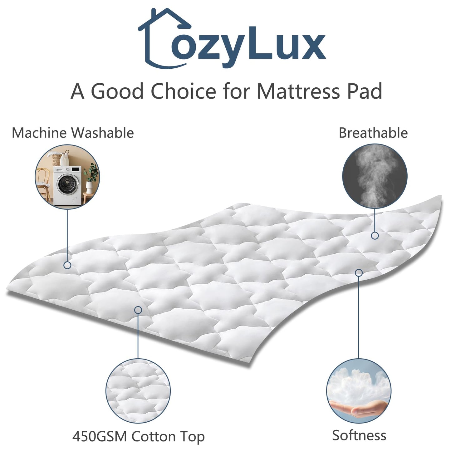 CozyLux Queen Mattress Pad, 450GSM Quilted Cooling Cotton Top Mattress Topper, Extra Deep Pocket Fits 8-21 inches, Oeko-TEX Certified, Plush Soft & Breathable Bed Pad (60"x80", White)
