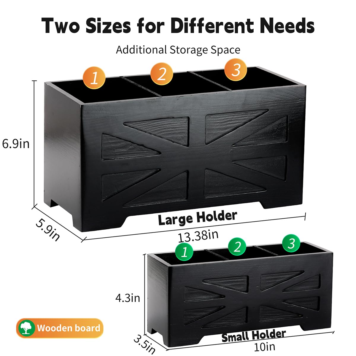 PEKER Wooden Utensil Holder, Black Kitchen Countertop Organizer with Removable Divider, 3 Compartments Pine Wood Utensil Crock with Drainage Hole & Non-Slip Base, 2 Pack
