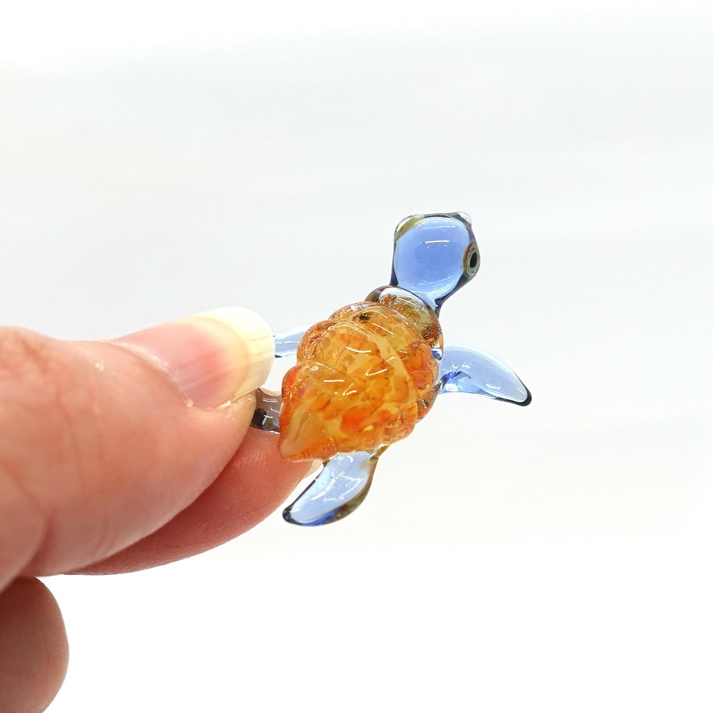 Sansukjai Turtle Sea Tiny Blown Glass Figurines Animals Art Collectible Handmade Gift Home Décor (Marble Orange Blue)
