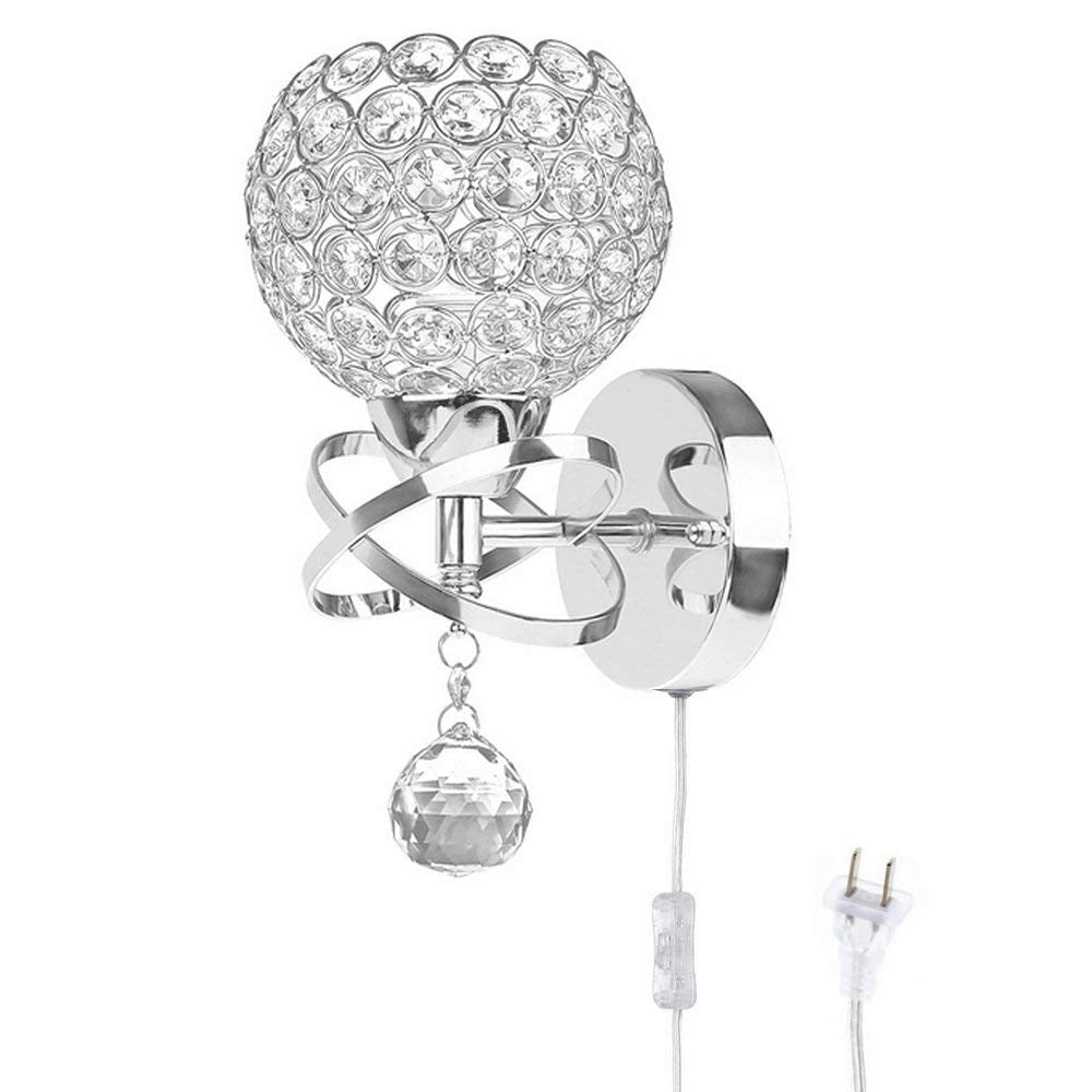 WeFoonLo Round Modern Crystal Wall Light Chrome Finish Bedroom Wall Sconce Lighting Fixture with Plug and Cord Switch, E26 Socket