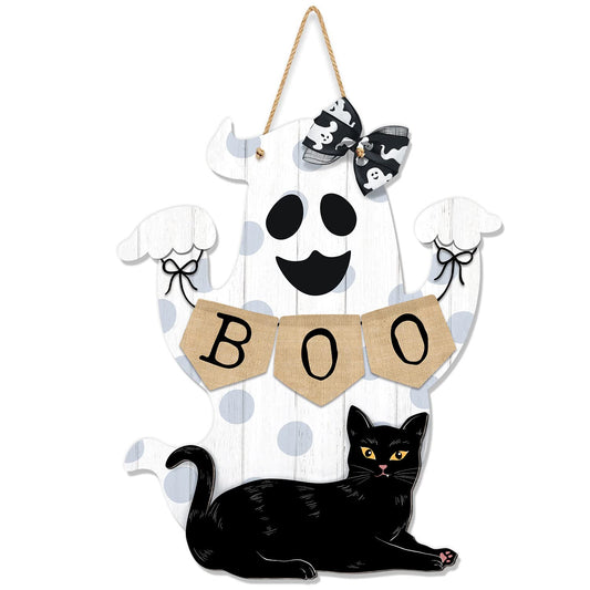 Halloween BOO Decorations Ghost Hanging Sign Front Door Hanger Wreath Decor Indoor Outdoor Yard Wall Decorations Cute Ghost Black Cat Wooden Door Sign for Halloween Party Supplies