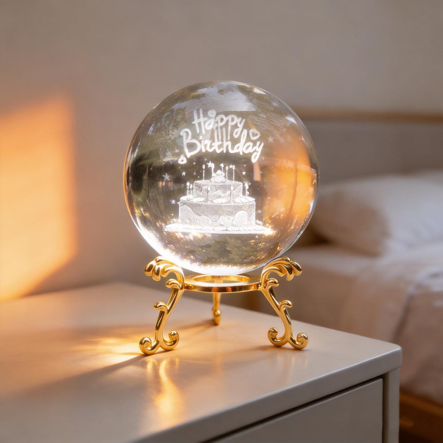 YINBEILIXU Crystal Ball with Metal Stand,3D Glass Ball Sphere, Crystal Figurine Clear Ball for Home Decoration, Party,Birthday,Anniversary,Wedding Decor, Gift,Photography (90mm, Cake)