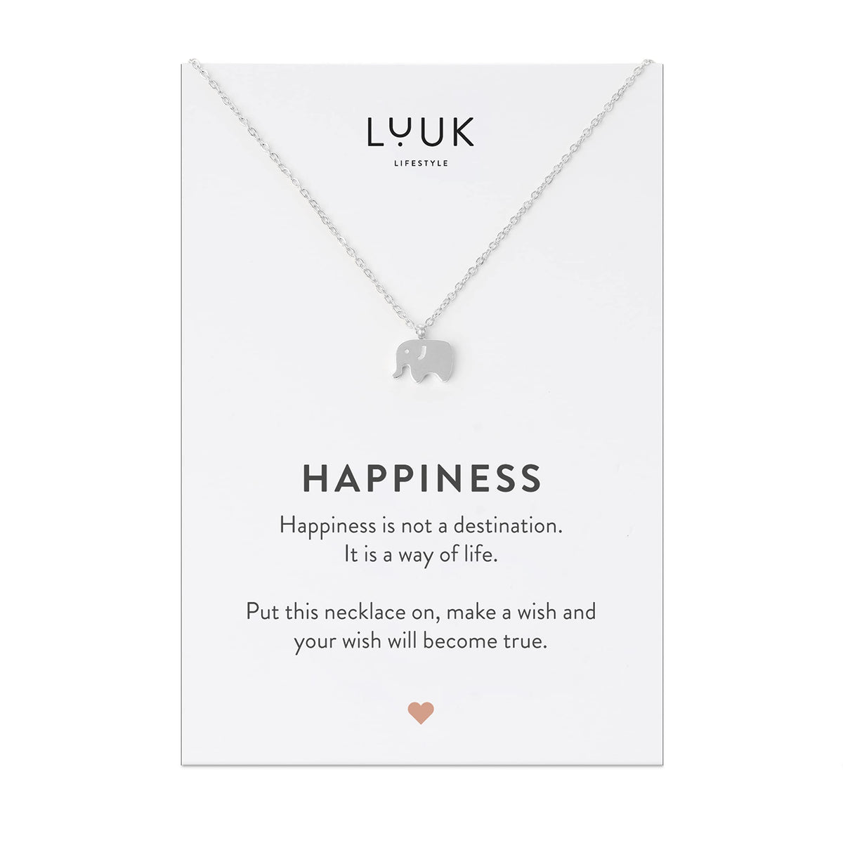 LUUK LIFESTYLE Necklace for women with elephant pendant and HAPPINESS gift card, chic and modern jewelry, stainless steel, feminine fashion for festival, special occasions, trendy look, silver