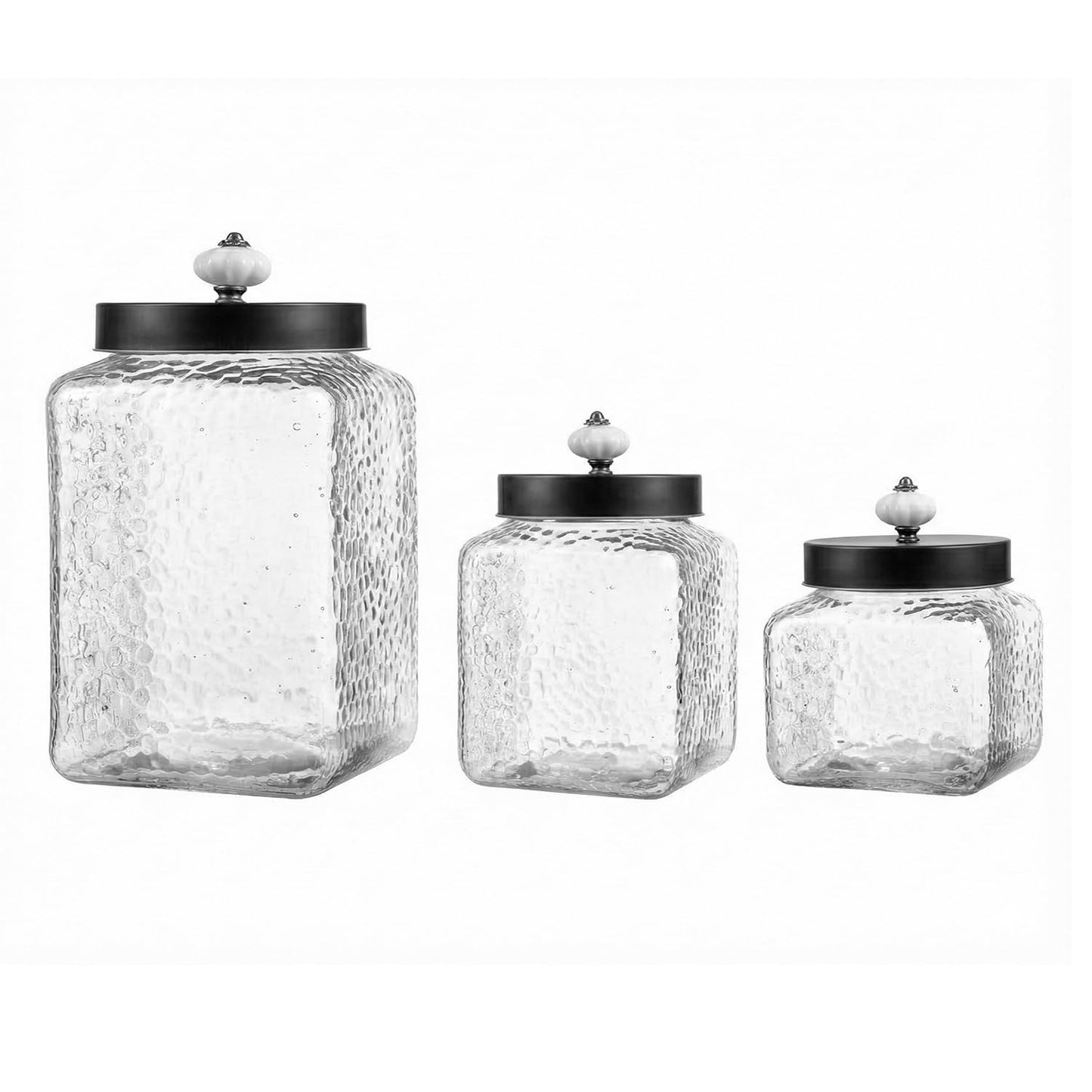 Style Setter Square Canister Set 3-Piece Glass Jars in 43, 64 and 75 ounces Chic Retro Design with Airtight Stainless Steel Lids for Cookies, Candy, Hammered