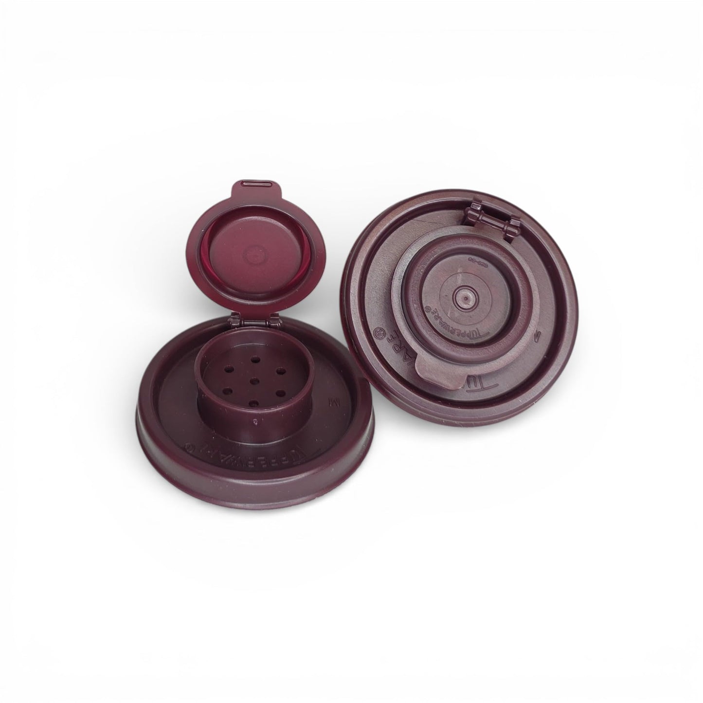 Tupperware Large Hourglass Salt and Pepper Shakers Clear Containers with Dark Vineyard Seals