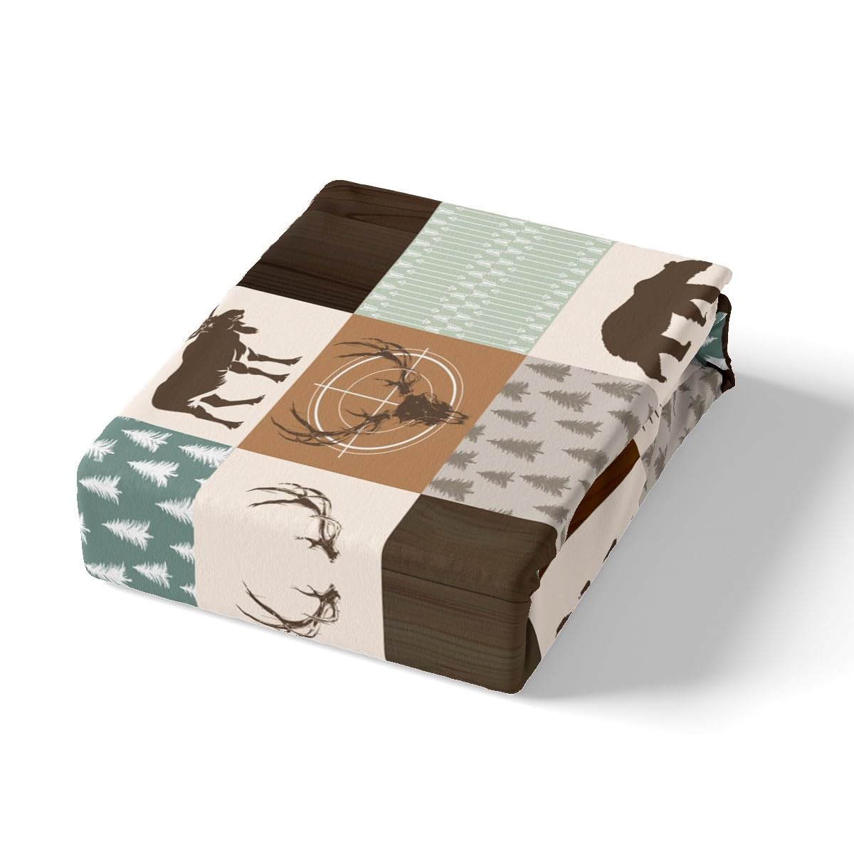 Castle Fairy Wild Animal Hunting Bed Sheet Set King Size,Rustic Bear Deer Antler Arrow Patchwork Fitted + 1 Flat 2 Pillowcases,Green Plaid Retro Country Board Breathable Mattress Cover, Bedroom Decor