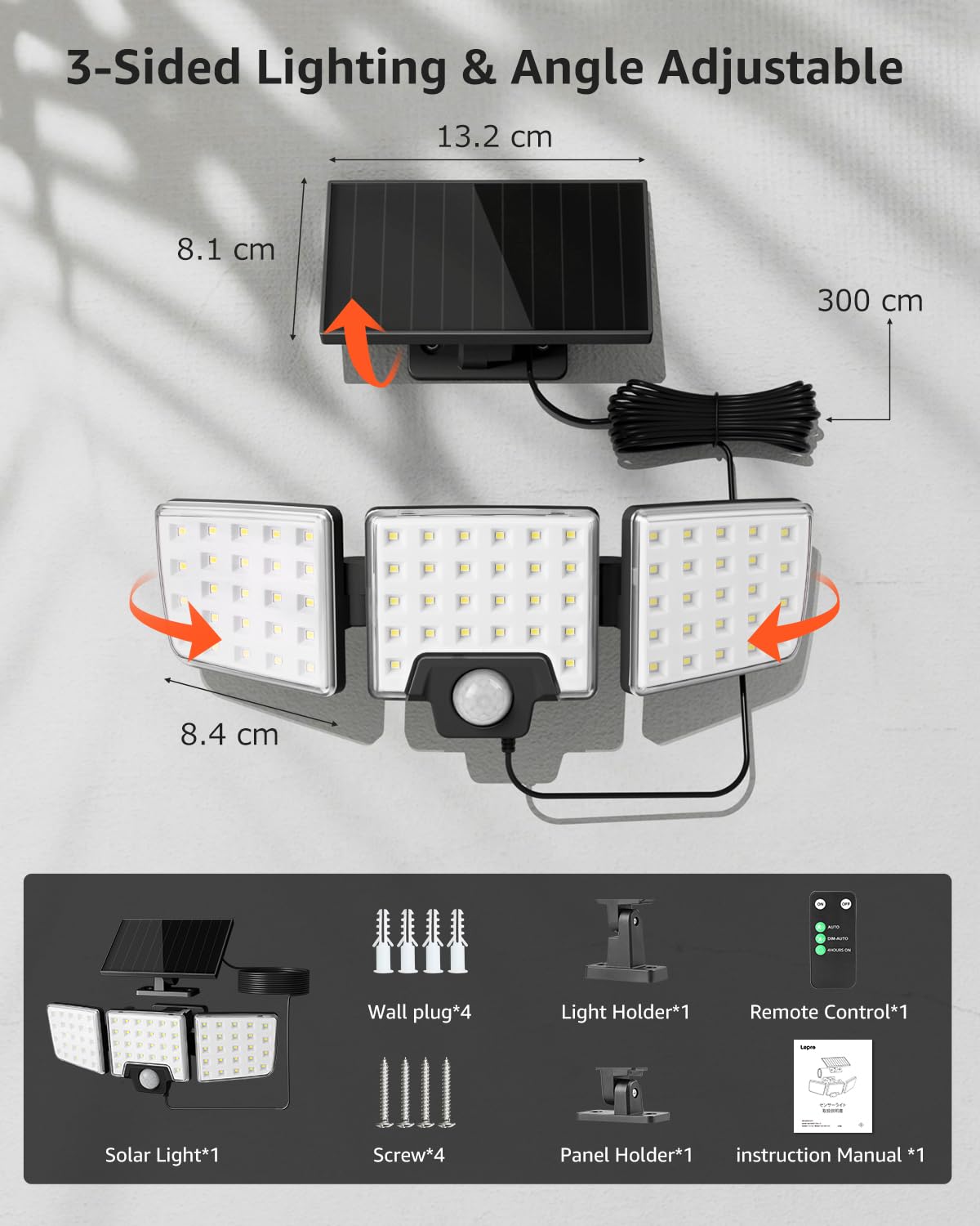Lepro Solar Security Lights Outdoor Motion Sensor, 2 in 1 Separated and Integrated Remote Control IP65 Waterproof Solar Lights with 3 Light Modes, 3 Heads Solar Floodlight for Garden Yard