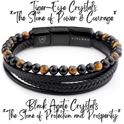 LIVLOKO LONDON Mens Bracelet Leather Black Multi-Layer Tiger Eye Stone Beads Magnetic Adjutable Steel Clasp Viking Rope Bands Surfer Man Wristband Male UK Jewellery Gift box Husband Boyfriend Dad Son