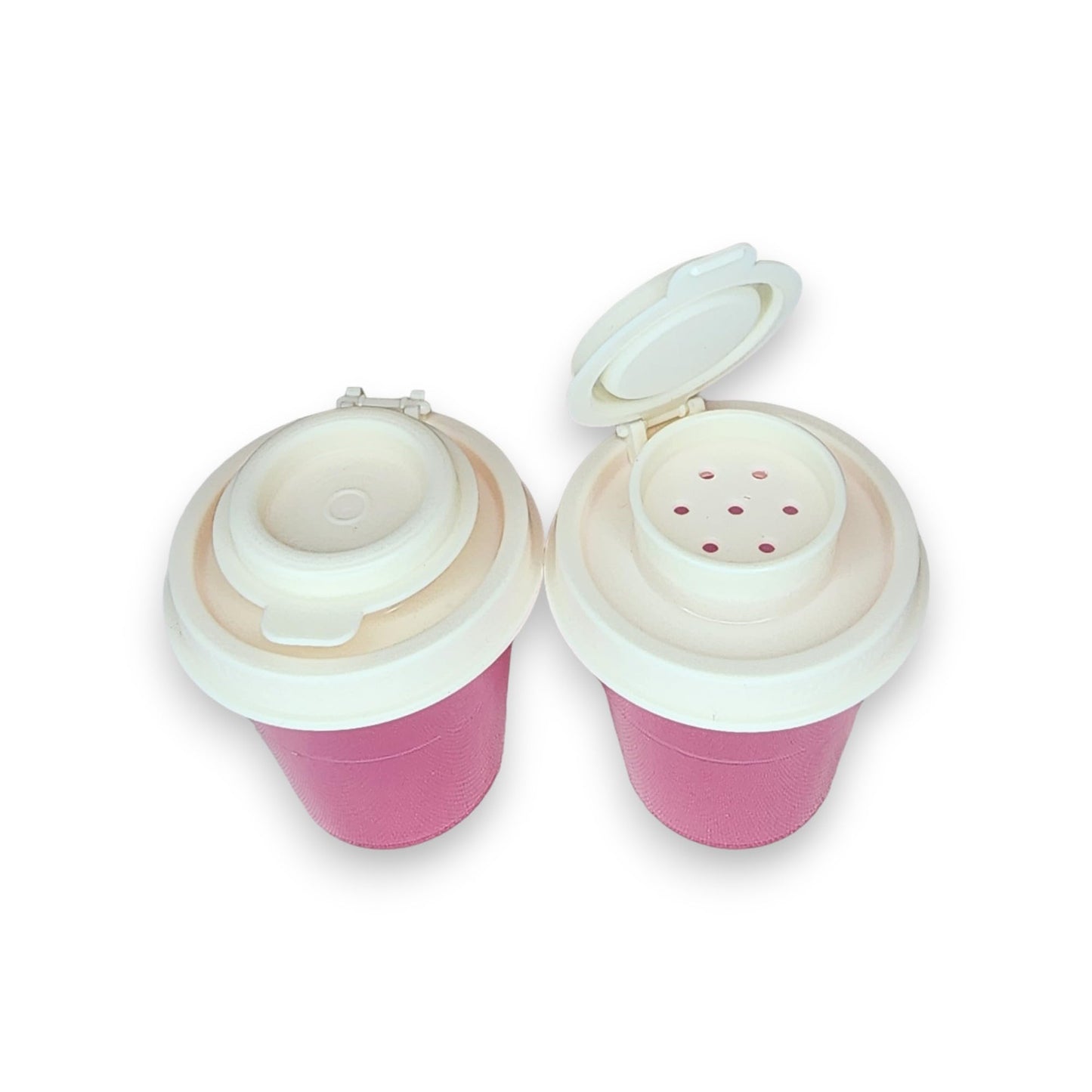 Tupperware Mini Salt and Pepper Shakers 2 oz Pink with Cream Lids