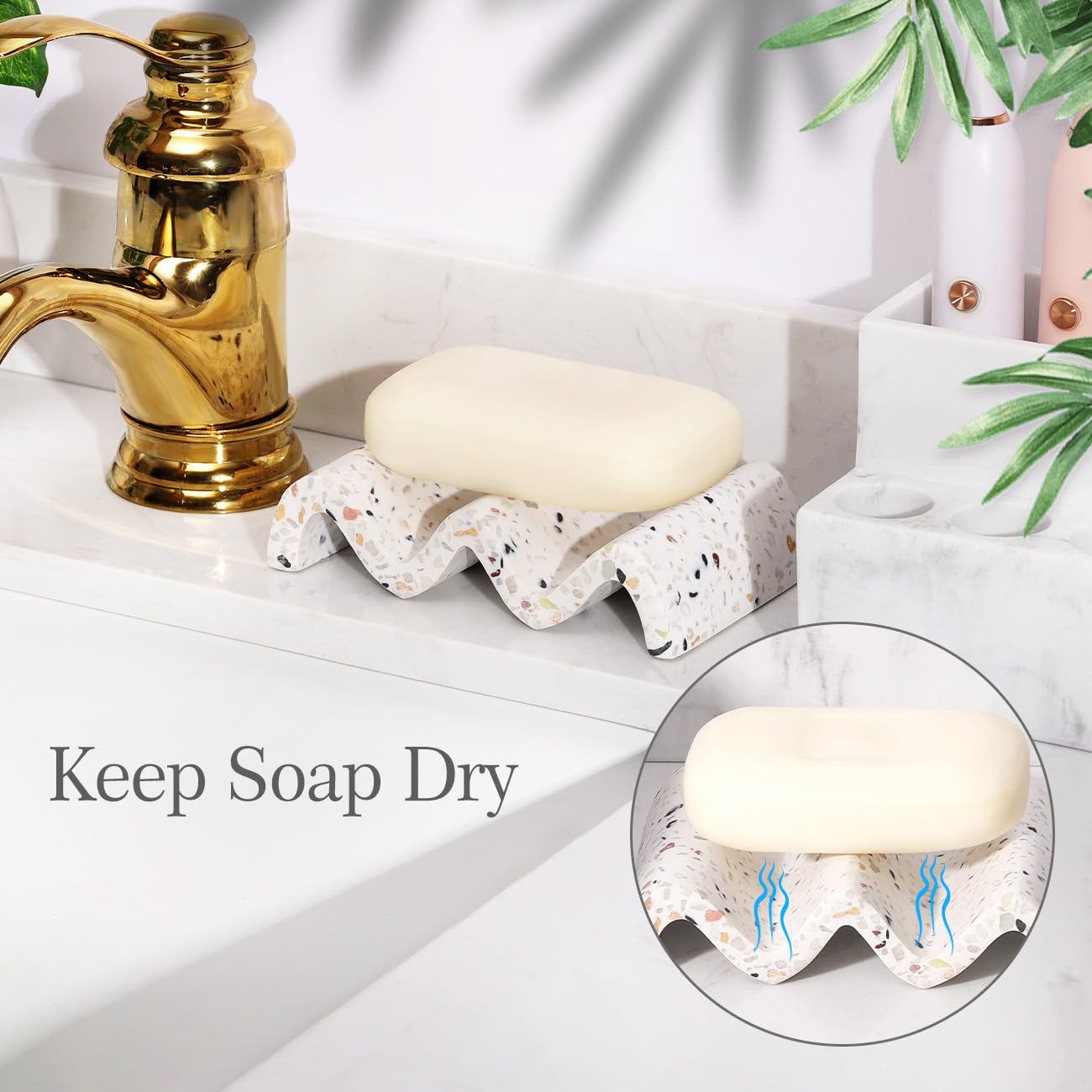 Luxspire Soap Dish, Marble Soap Dish, Self-draining Tray, Soap Holder Saver for Shower, Bathroom, Sink, Kitchen and Countertop, Terrazzo, 2 Pack