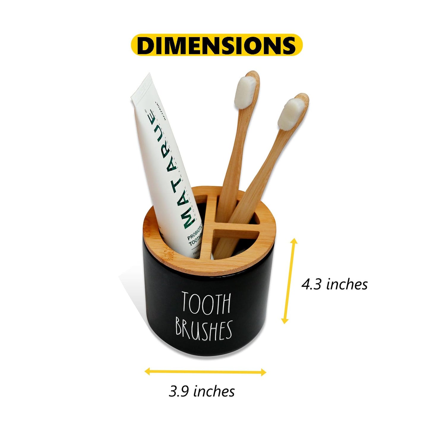 Toothbrush Holders for Bathroom, Farmhouse Tooth Brush Holder, Ceramics Tooth Brushing Stand with Bamboo Lid, Electric Toothbrush Holder, Cute Shower Toothbrush Toothpaste Holder Set (Black)