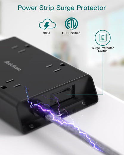Surge Protector Power Strip, Addtam 5 ft Flat Plug Extension Cord with 4 USB Wall Charger(2 USB C Port), 4 Widely Outlets Desk Charging Station, Home Office and College Dorm Room Essentials