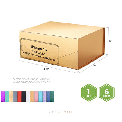 PACKHOME Mothers Day 6 Gift Boxes 9x6.5x3.8 Inches, Rectangle Collapsible Boxes with Magnetic Lids for Gift Packaging (Glossy Gold)