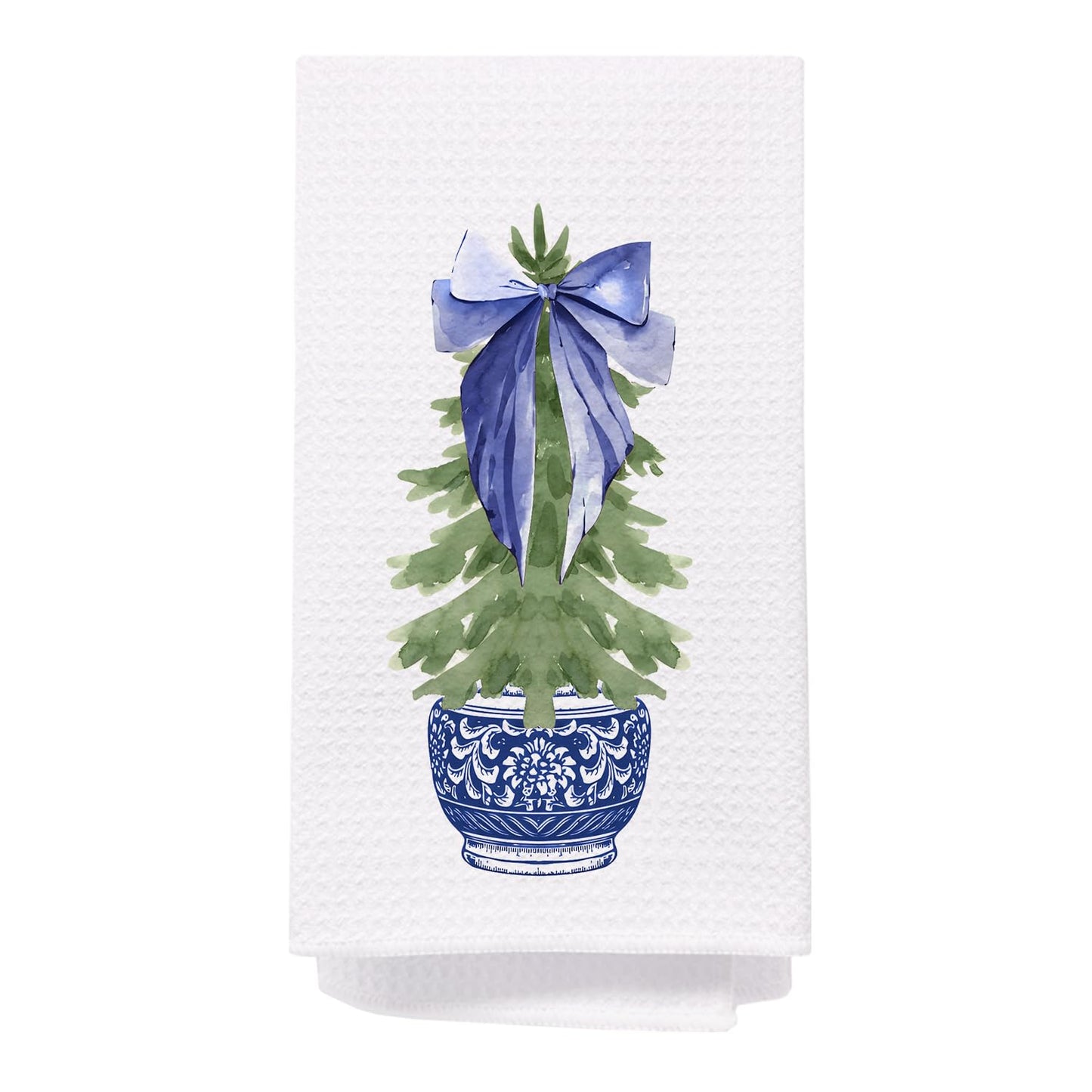 Chinoiserie Christmas Tree Hand Towels, Blue and White Porcelain - 16x24 Inch, Bathroom and Kitchen Decor