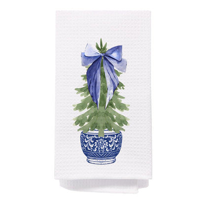 Chinoiserie Christmas Tree Hand Towels, Blue and White Porcelain - 16x24 Inch, Bathroom and Kitchen Decor