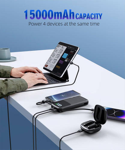UYAYOHU Portable Charger, Power Bank, 15000mAh Battery Pack Fast Charging Lightweight, Built-in AC Wall Plug and 2 Output Cables with LED Display for iPhone15 14 13 12 11 Samsung iPad etc(Deep Black)