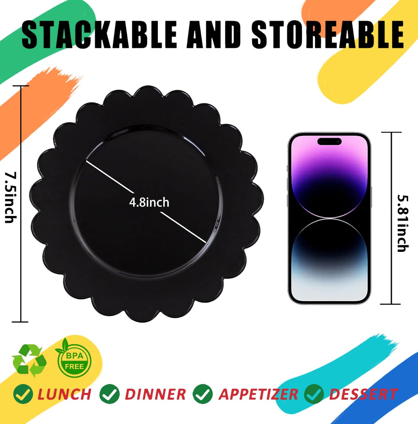 SUT 72 PCS Black Plastic Plates - 7.5 Inch Elegant Disposable Party Tableware for Halloween, New Year, Dessert & Celebrations