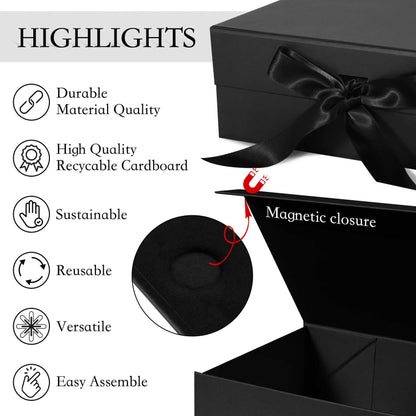 LFBOX Black Gift Box with Ribbon Magnetic Lids 10.2x9x3.74 in, Bridesmaid Groomsman Proposal Boxes, Wedding Graduation Storage Box 2 Pack