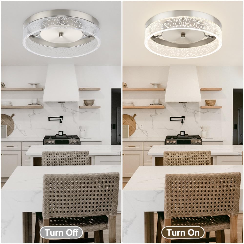 Bekada LED Flush Mount Ceiling Light Fixture, 12In Crystal Chandelier with Clear Bubble Acrylic, Modern Ceiling Lighting for Dining Room, Bedroom, Living Room, Kitchen, Brushed Nickel, 4000K Dimmable