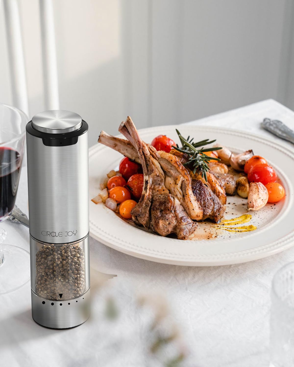 CIRCLE JOY Rechargeable Electric Salt and Pepper Grinder Set with Base, Stainless Steel Pepper Mills with Washable 95ml Container, White LED Light and External Adjustable Coarseness, Silver