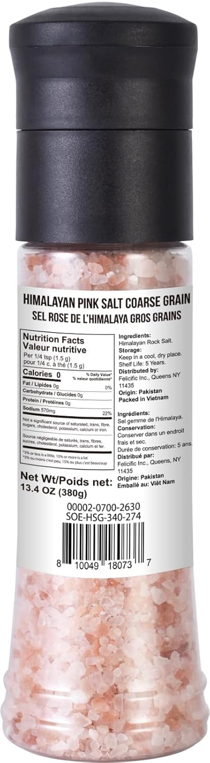Soeos Salt Grinder Set, Himalayan Pink Salt, Coarse Grain, Salt for Grinder Refill, 13.4 Oz (380g), Refillable Plastic Bottle, Rock Salt, Kosher Salt Set (Pack of 1)